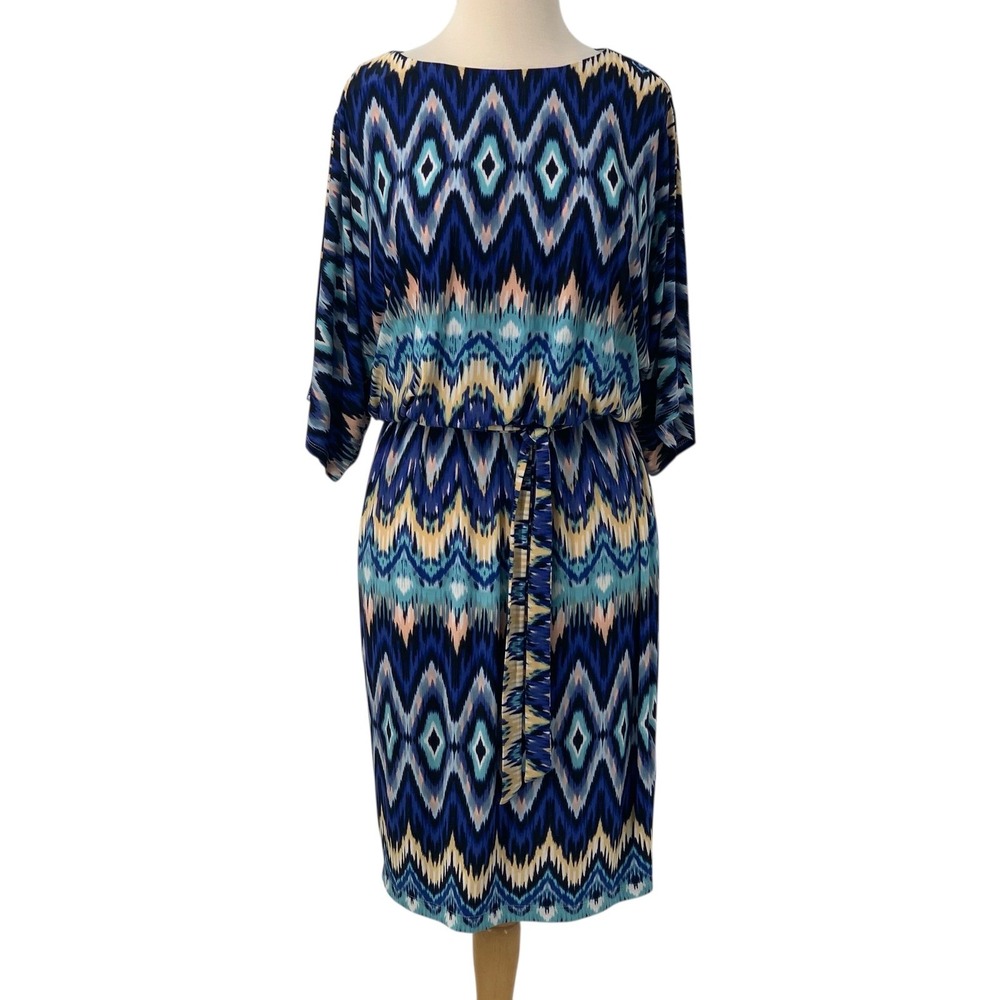 Chico's Nouveau Ikat Dress Slit Sleeve‎ Blue Yellow Blouson Waist Size 1/Med